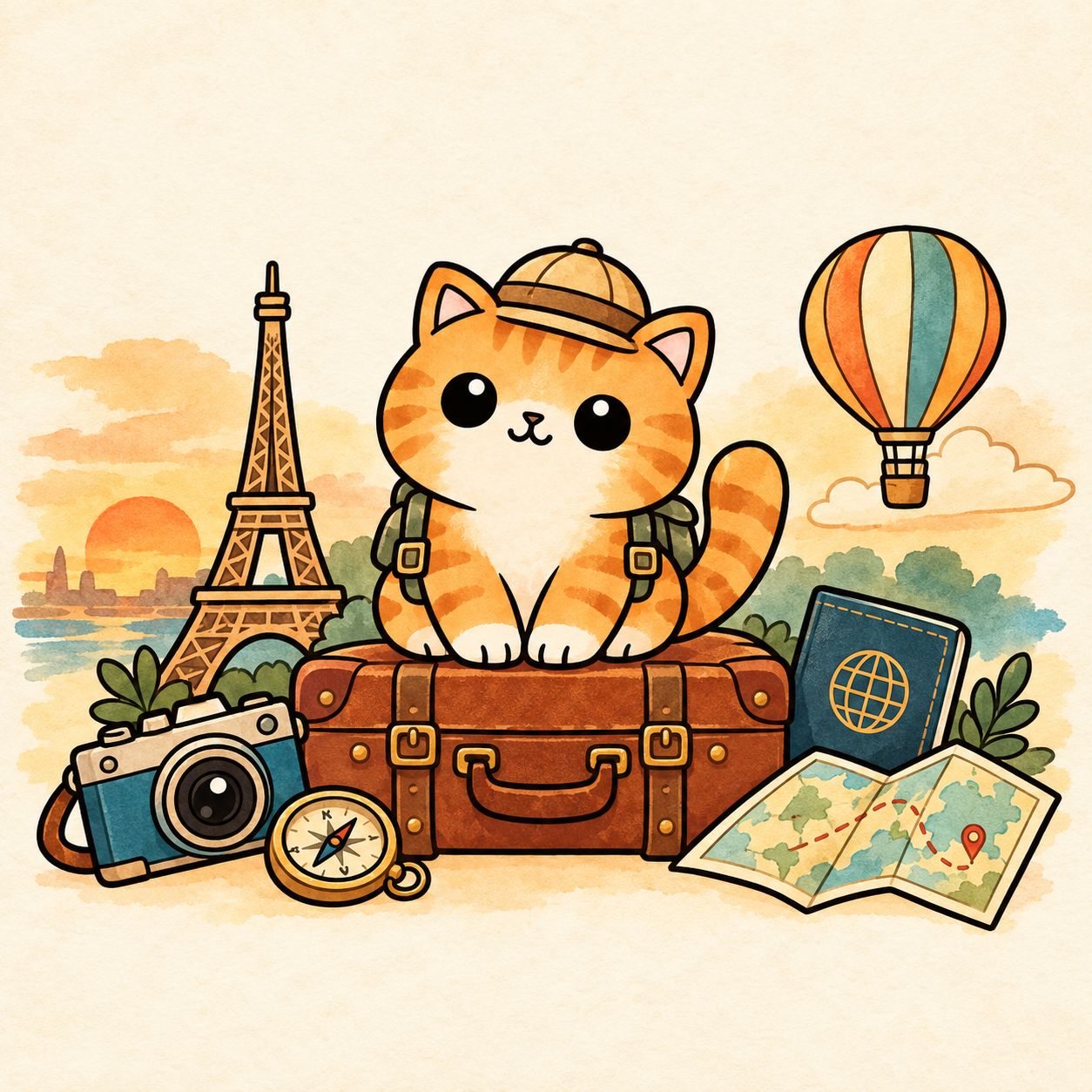 Pippin the travel cat on a suitcase beside travel accessories and the Eiffel Tower